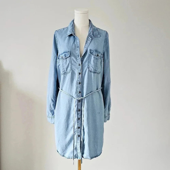 Parasuco Dresses & Skirts - parasuco LG denim collared  button up dress tie up waist midi long sleeve